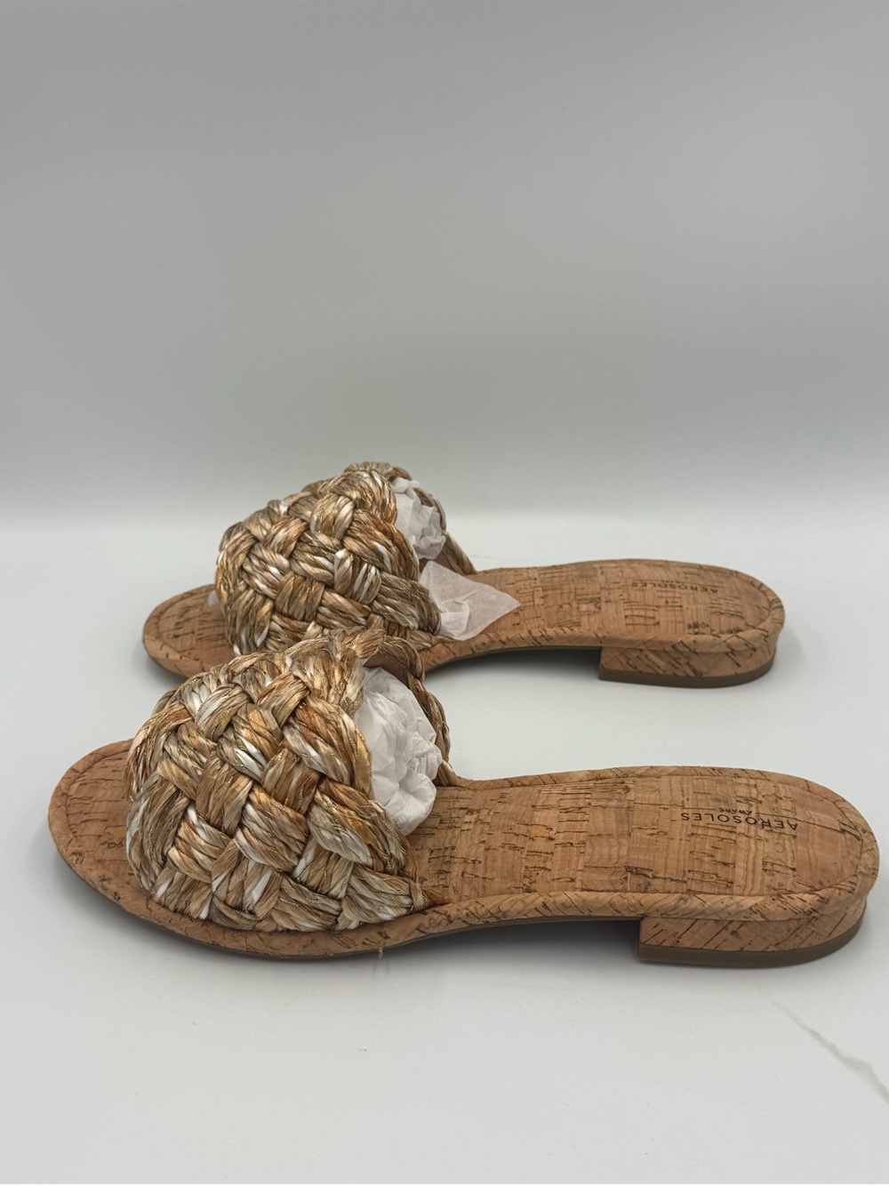 Aerosoles Woven Raffia Slide Sandals Cork Footbed Tan Neutral Women’s Size 9